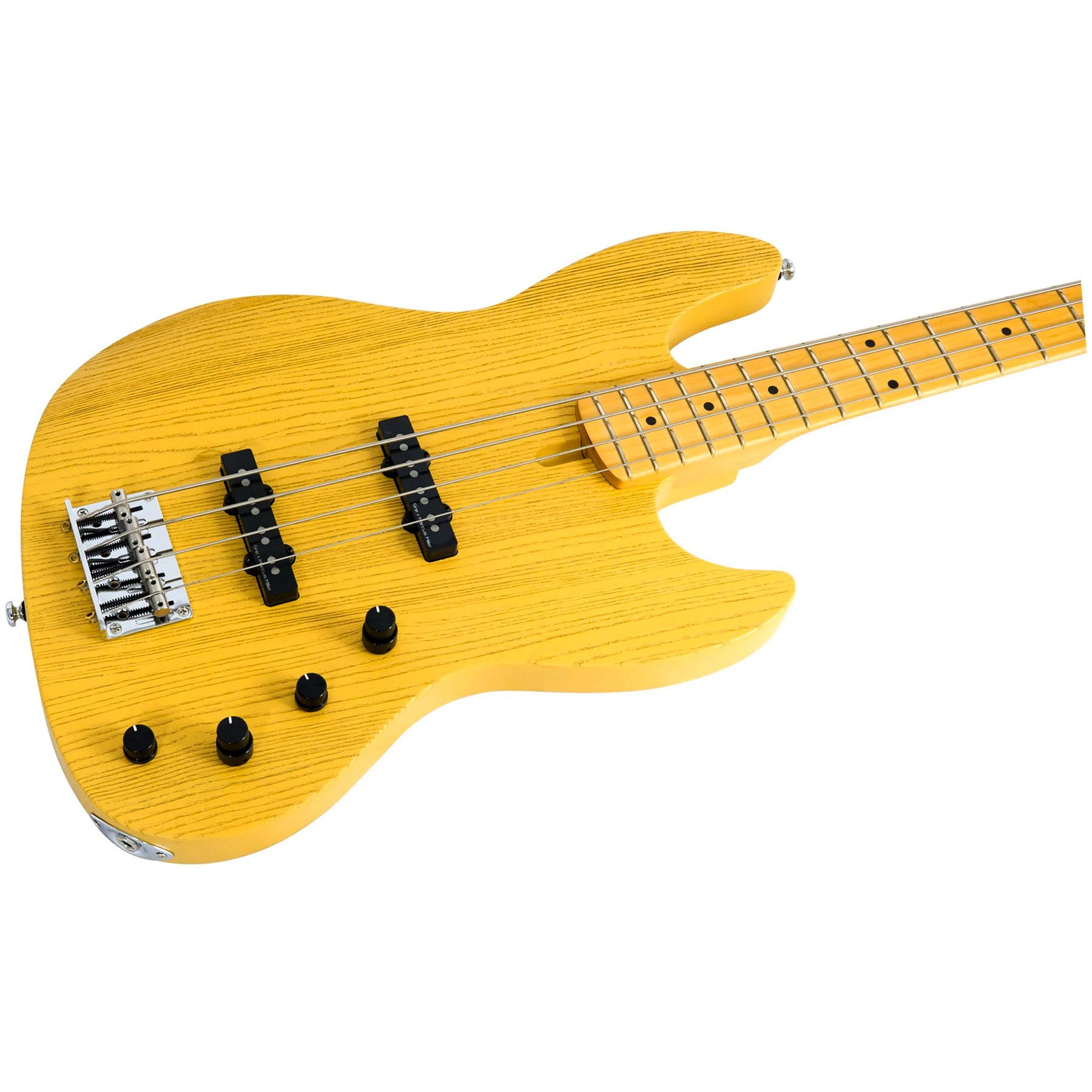 Siyah manyetikli ve düğmeli sarı dört telli bas gitar.