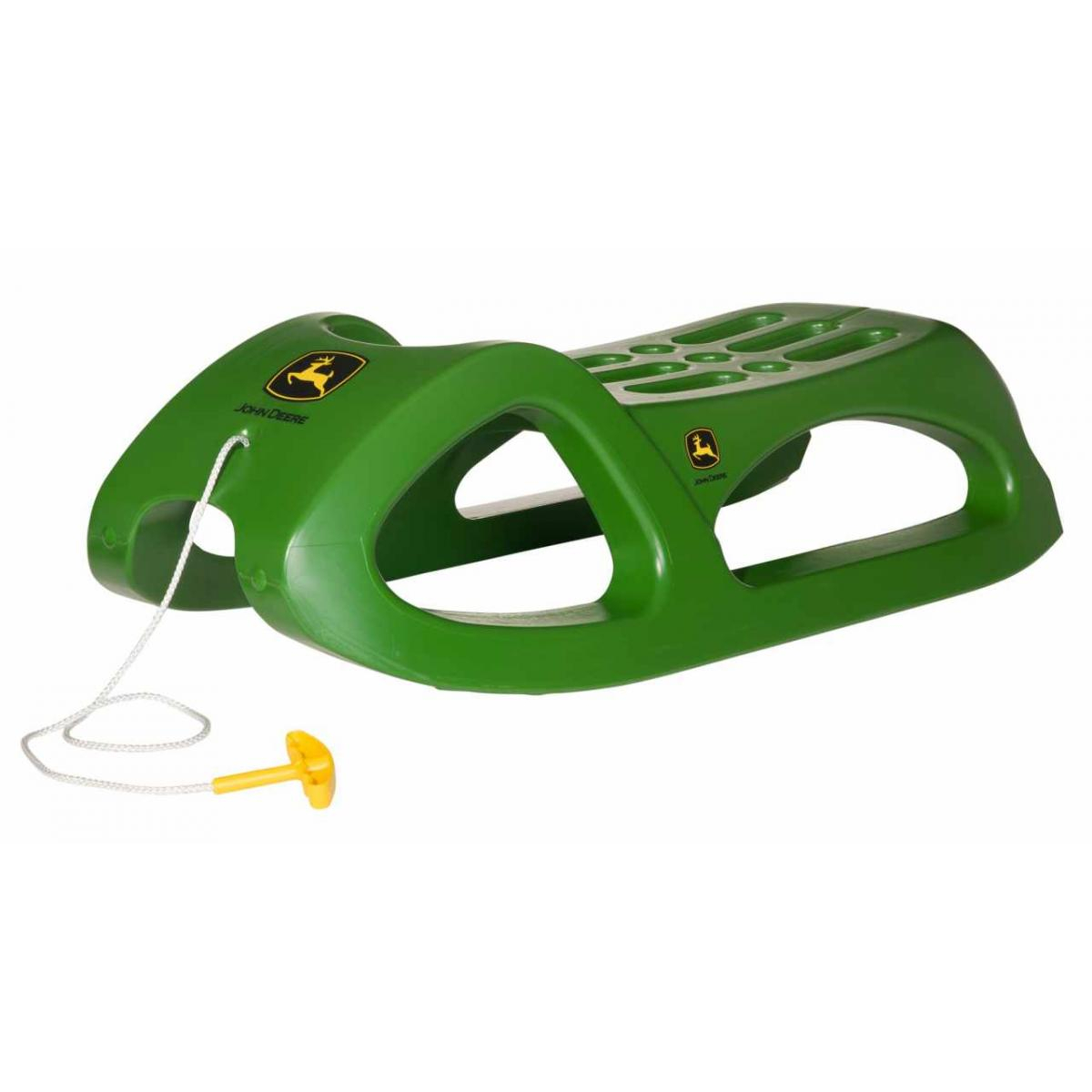 Grüner John Deere Schlitten mit gelbem Griff und Seil.