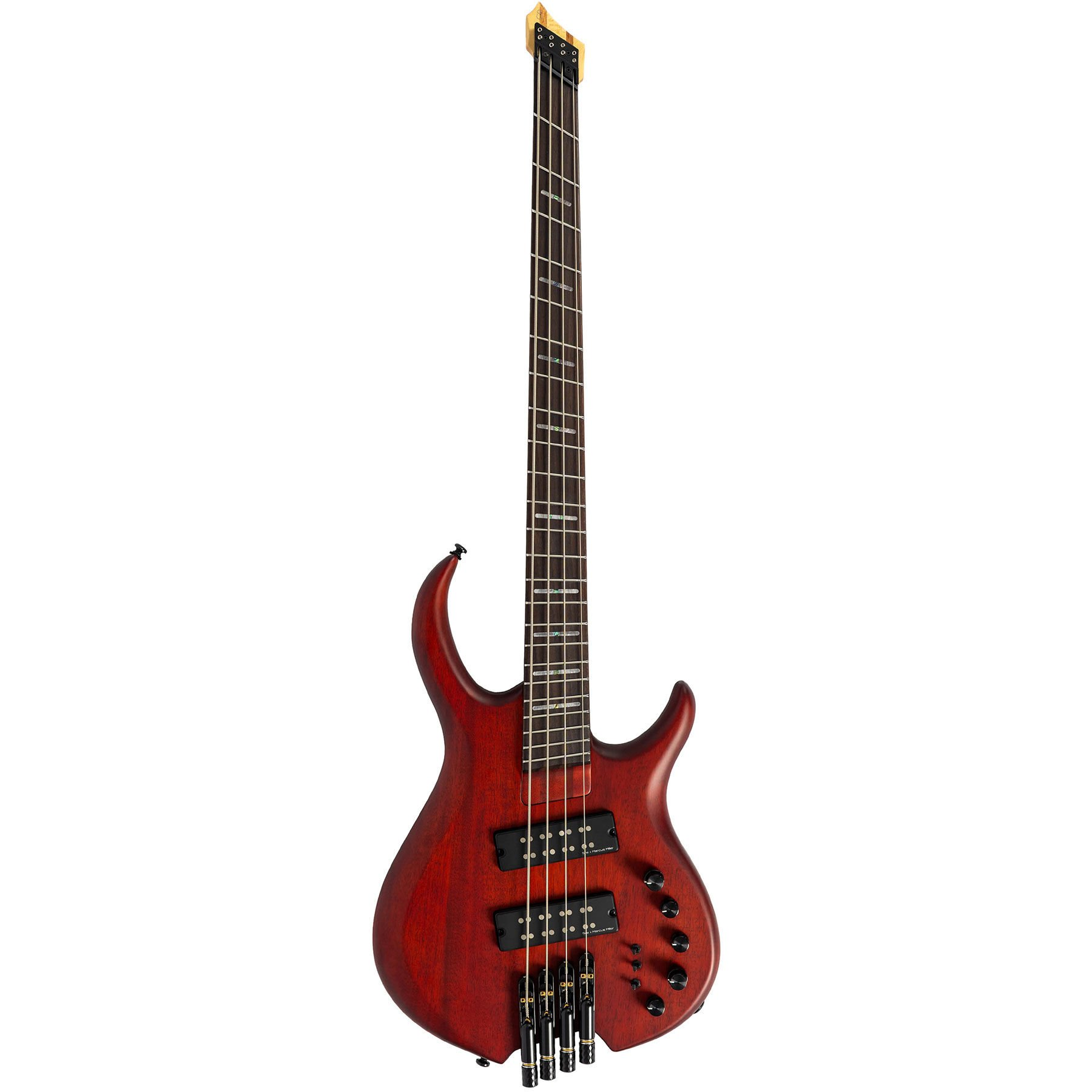 Siyah donanımlı, kırmızı 4 telli bas gitar, bitmiş klavyeli.