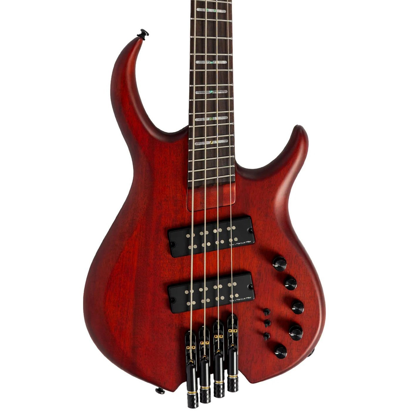 Siyah manyetiklere ve gümüş donanım detaylarına sahip kırmızı 5 telli bas gitar.