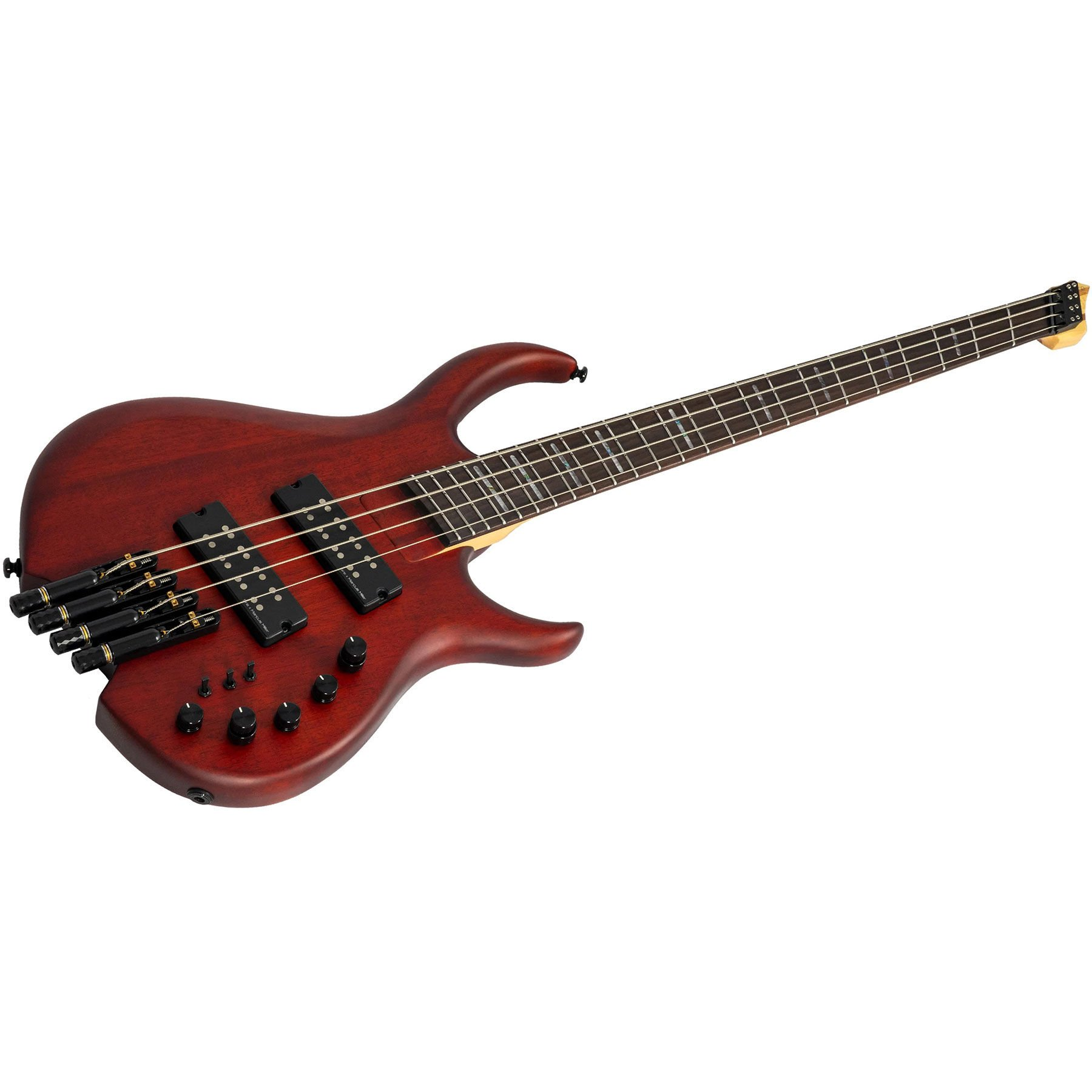 Siyah manyetiklere ve köprü parçalarına sahip koyu kırmızı 4 telli bas gitar.