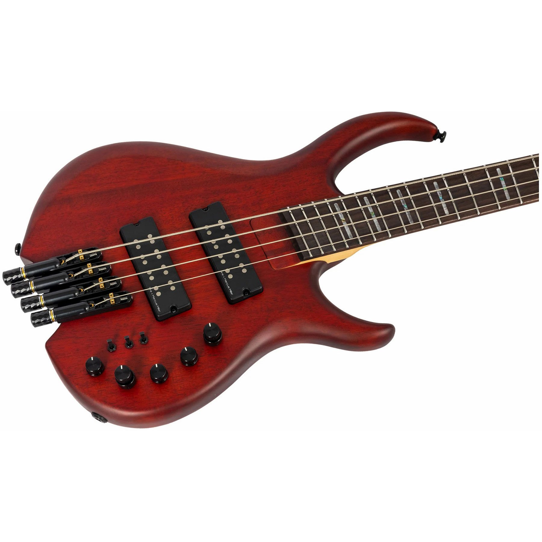 İki manyetiği ve siyah düğmeleri olan kırmızı, dört telli elektro bas gitar.
