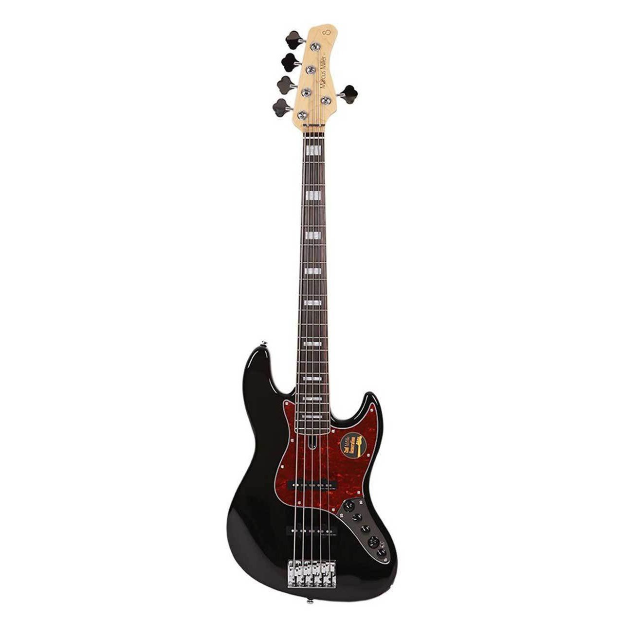 Kaplumbağa kabuğu pena ve gümüş donanıma sahip siyah elektro bas gitar.