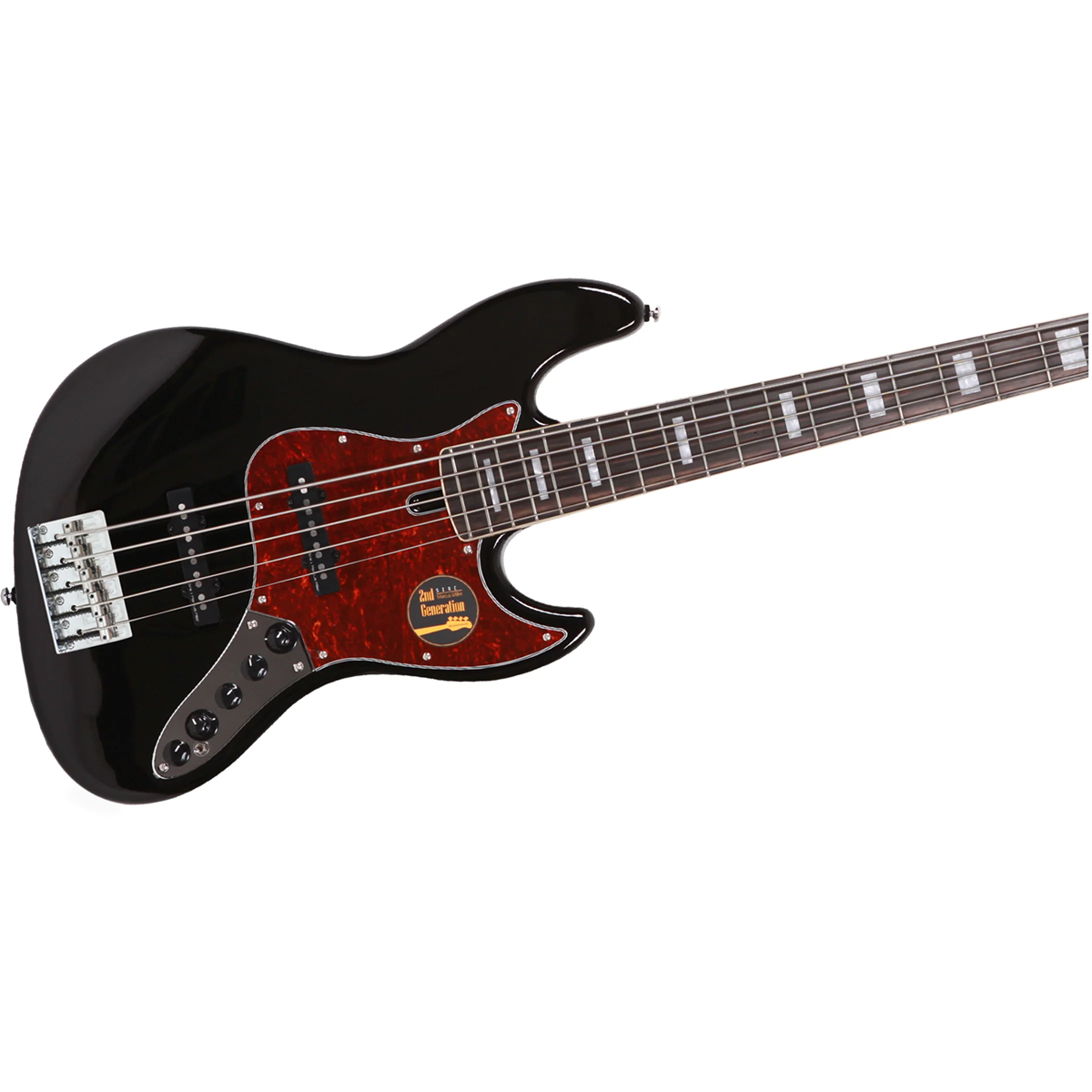 Kaplumbağa kabuğu pena korumalı siyah elektro bas gitar ve gümüş donanım.