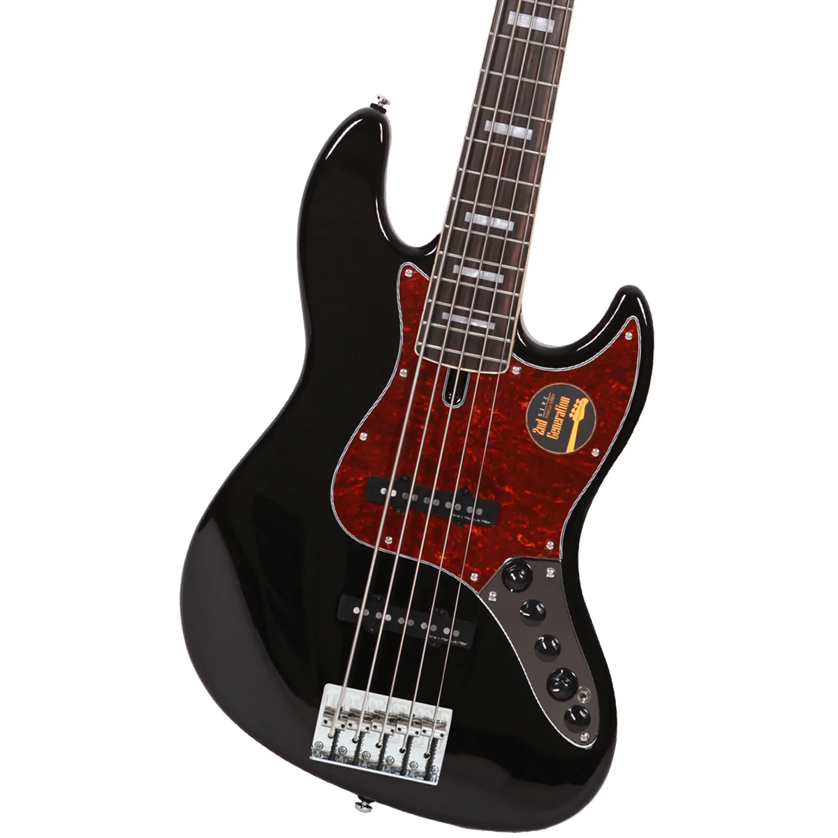 Kaplumbağa kabuğu desenli pickguard ve gümüş donanıma sahip siyah 5 telli bas gitar.