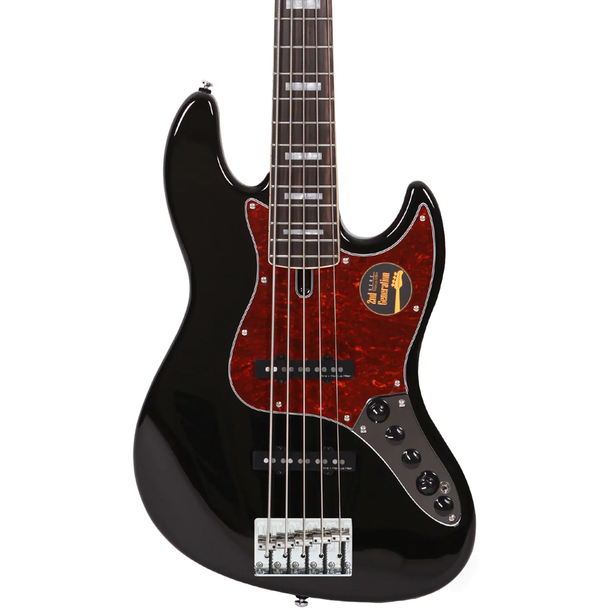 Kaplumbağa kabuğu desenli pena ve beş telli siyah elektro bas gitar.