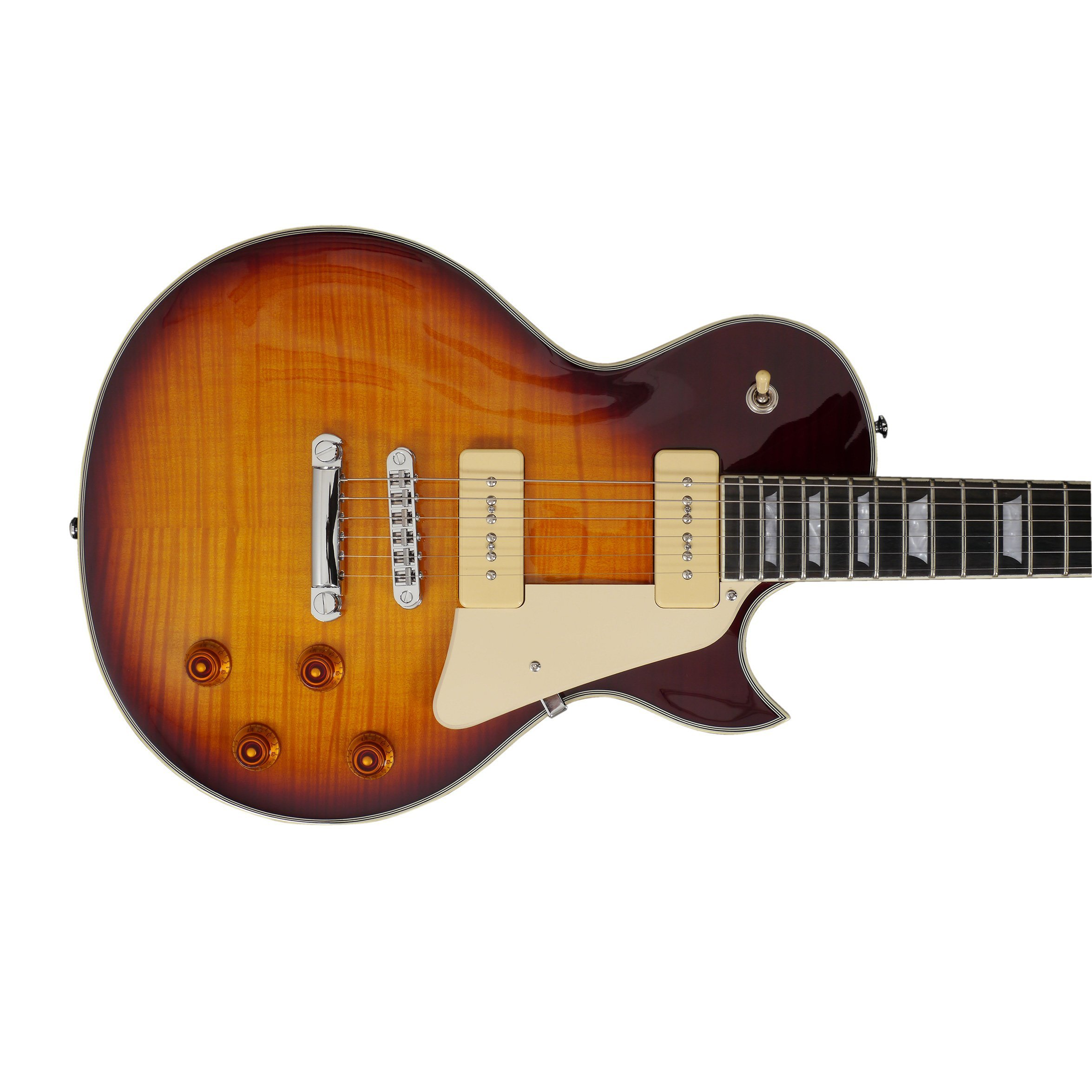 Sunburst kaplamalı, krom donanımlı, krem renkli pena korumalı elektro gitar.
