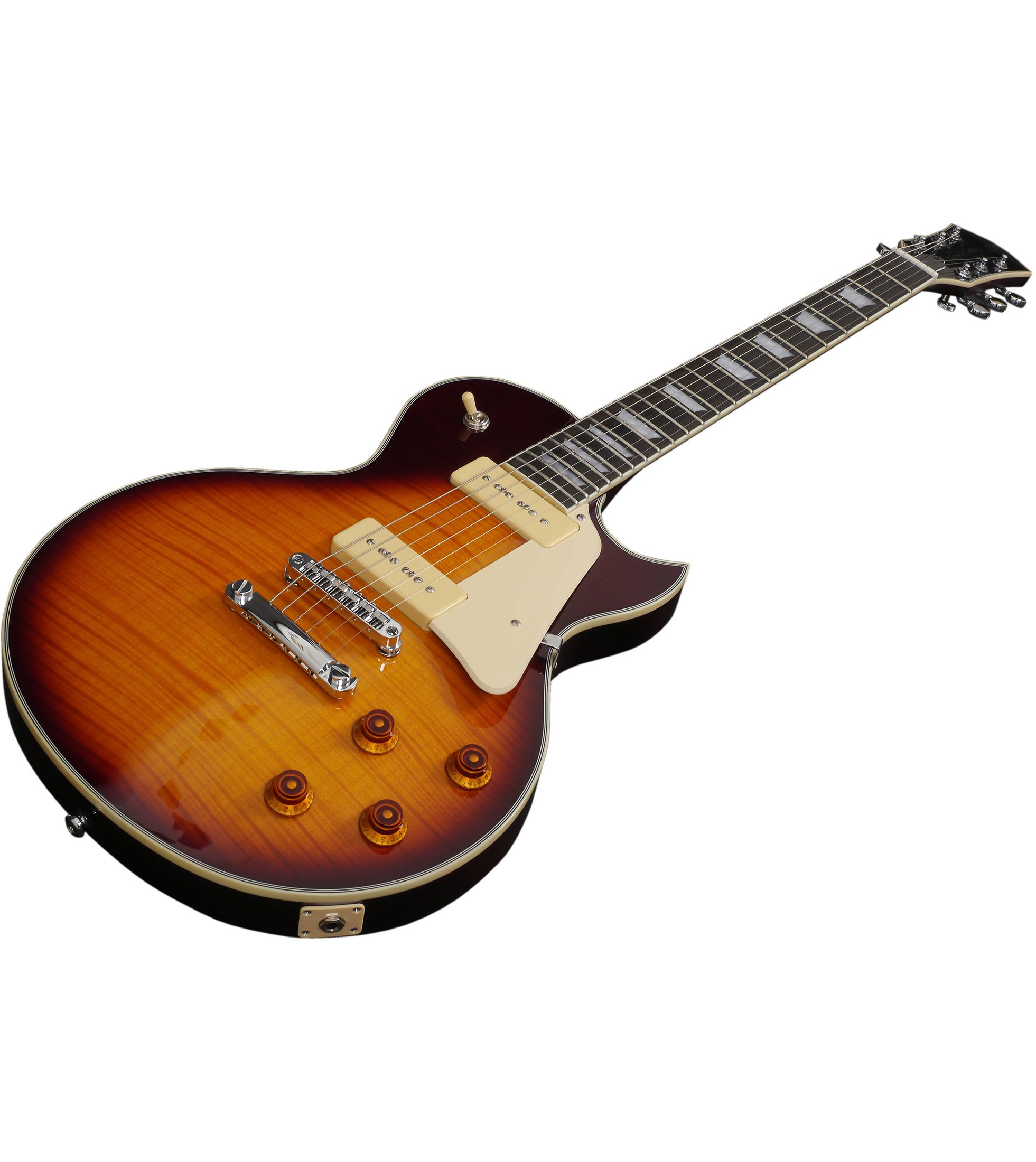 Krem rengi pena ve krom donanıma sahip bir sunburst elektro gitar gösteriliyor.