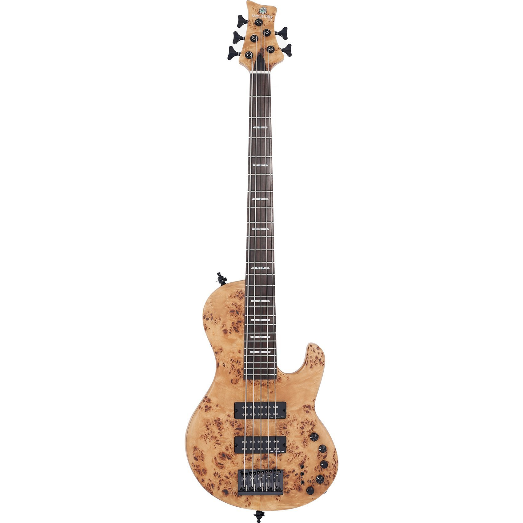 Açık ahşap damarlı, siyah manyetikli ve siyah düğmeli bir bas gitar.