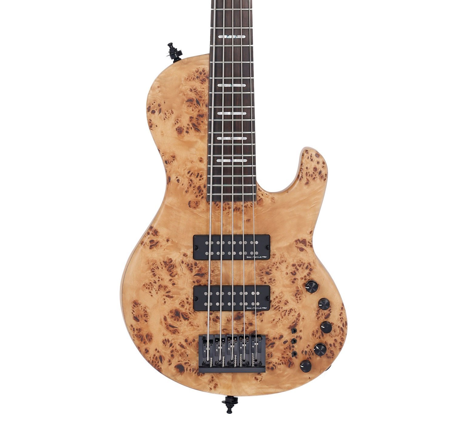 Kök budaklı ahşap kaplamalı, siyah manyetikli ve düğmeli bas gitar gövdesi.