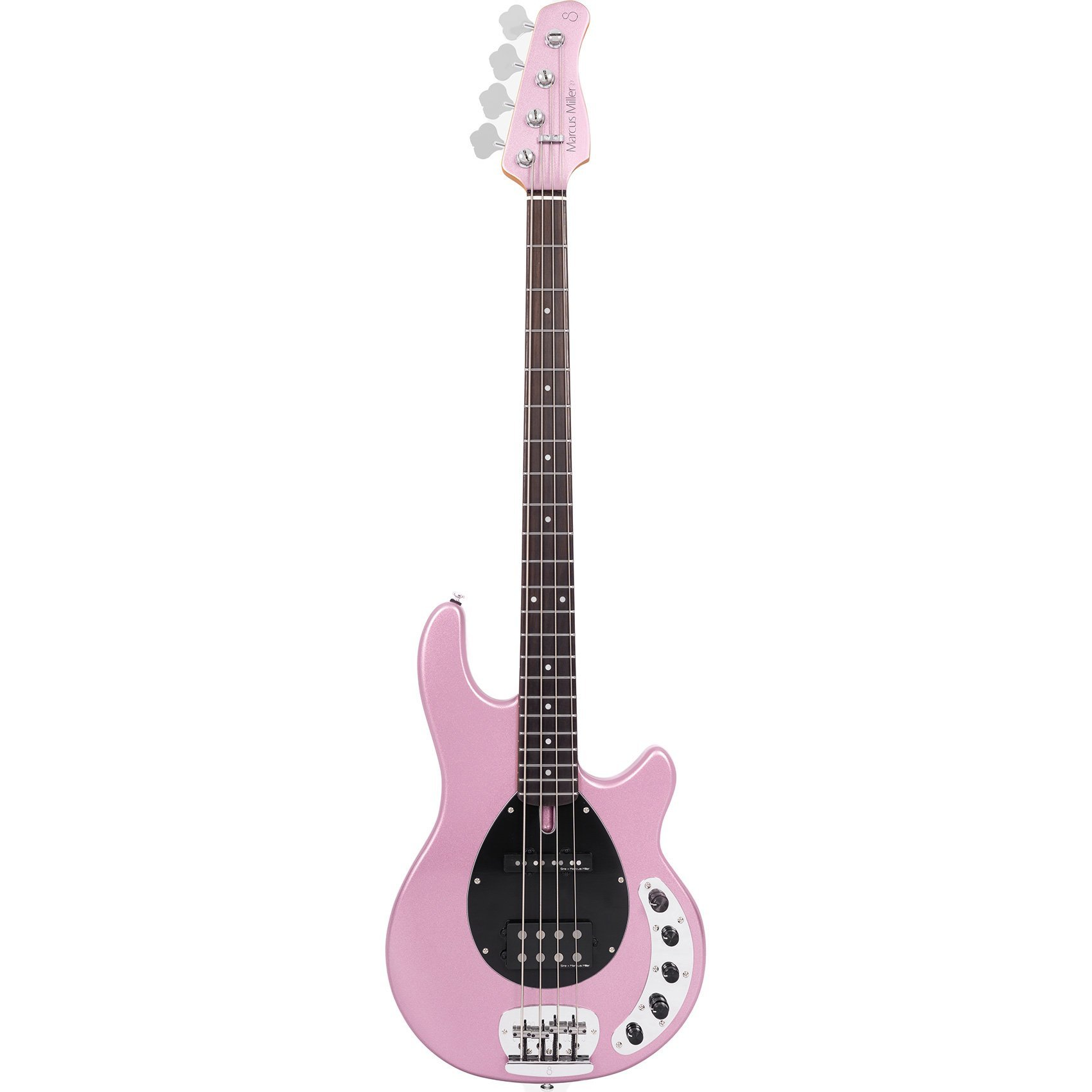 Parlak pembe, dört telli, koyu klavyeli elektro bas gitar.