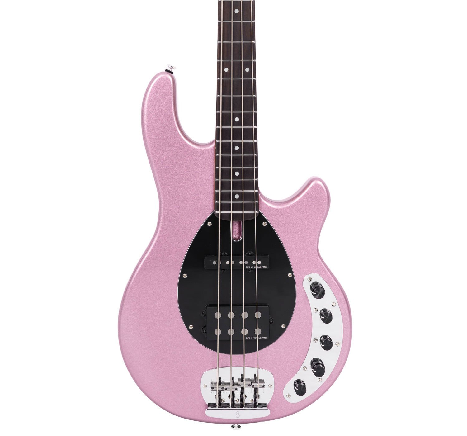 Parlak pembe bas gitar gövdesi, siyah pena koruyucusu ve telleriyle.
