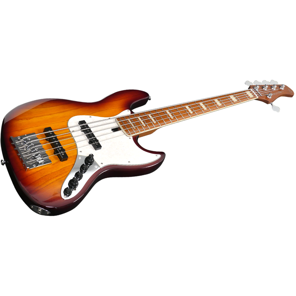 Beyaz pena korumalı, dört telli, güneş patlaması renkli bas gitar.