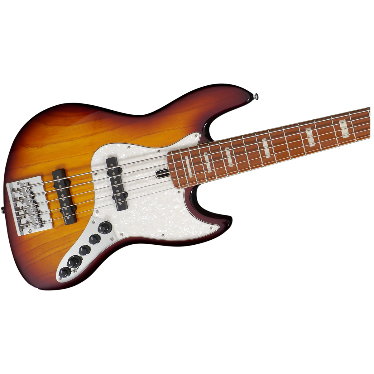 Beyaz sedefli pena korumalı, güneş sarısı 5 telli bas gitar.