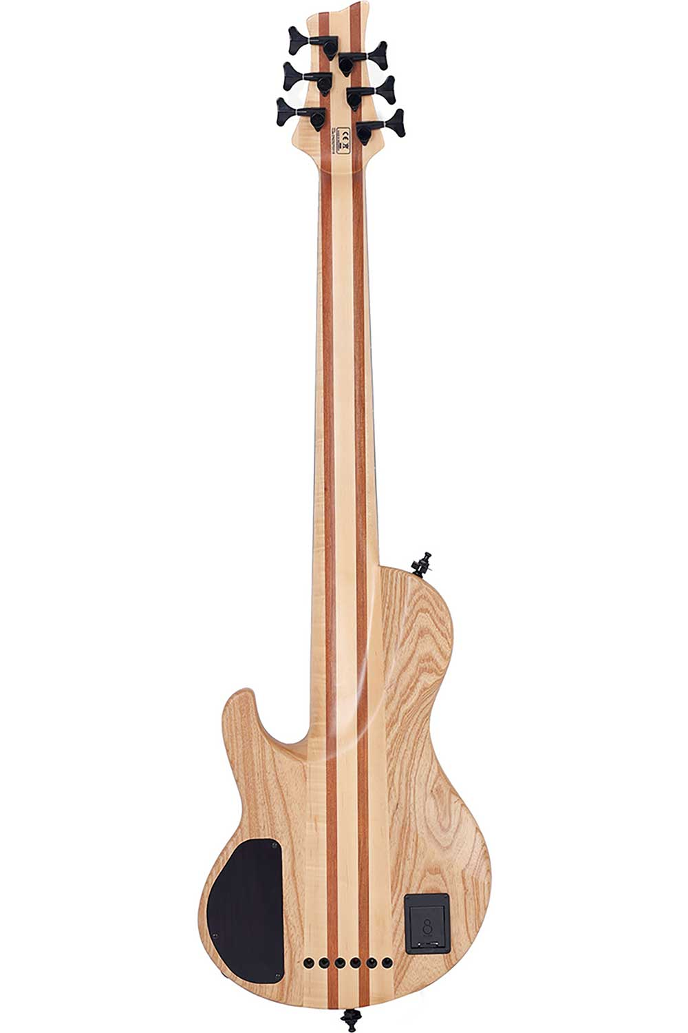 Açık renkli ahşap ve koyu şeritli altı telli bas gitarın arka görünümü.