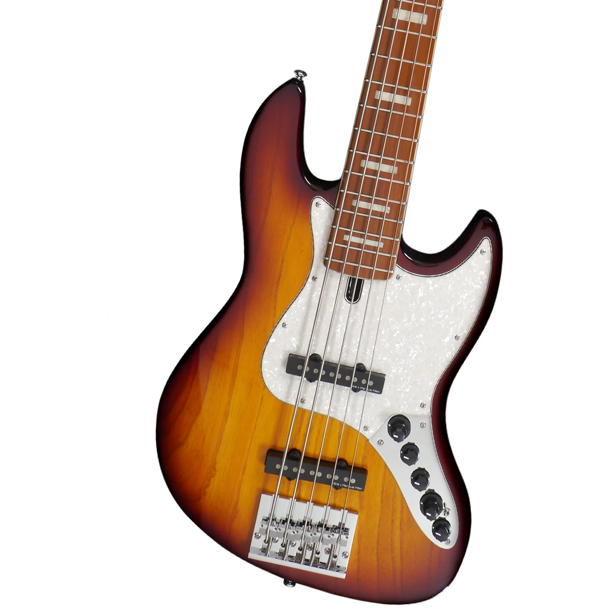 Beyaz pena ve krom donanımlı, güneş burst 5 telli bas gitar.