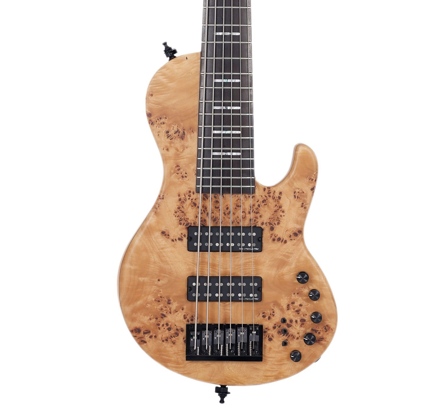 Altı telli, açık renkli, kök ağacı damarlı bas gitar gövdesi.