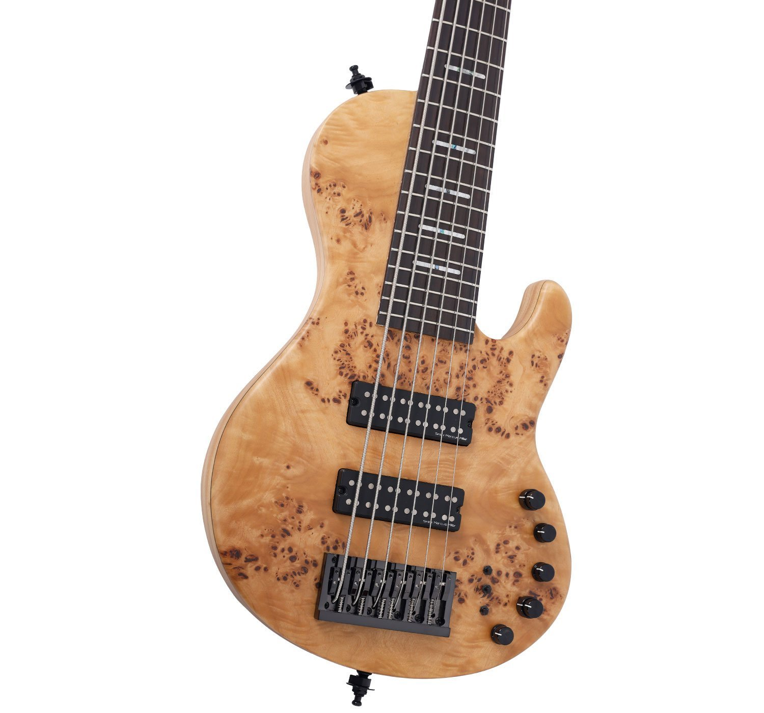 Burl ahşap kaplamalı, siyah manyetikli açık kahverengi 6 telli bas gitar.