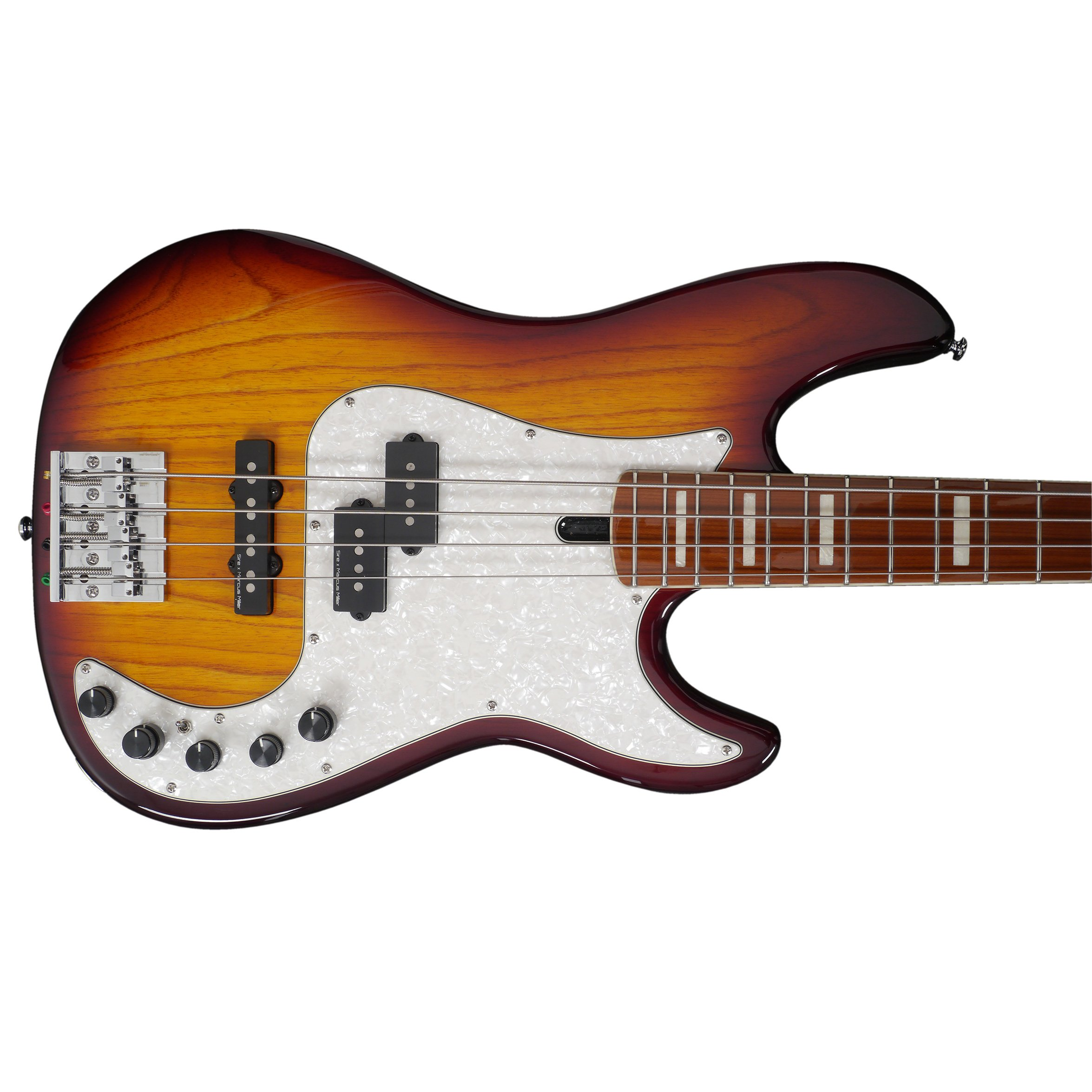 Sunburst bitişli, beyaz pena korumalı ve gümüş köprülü bas gitar gövdesi.
