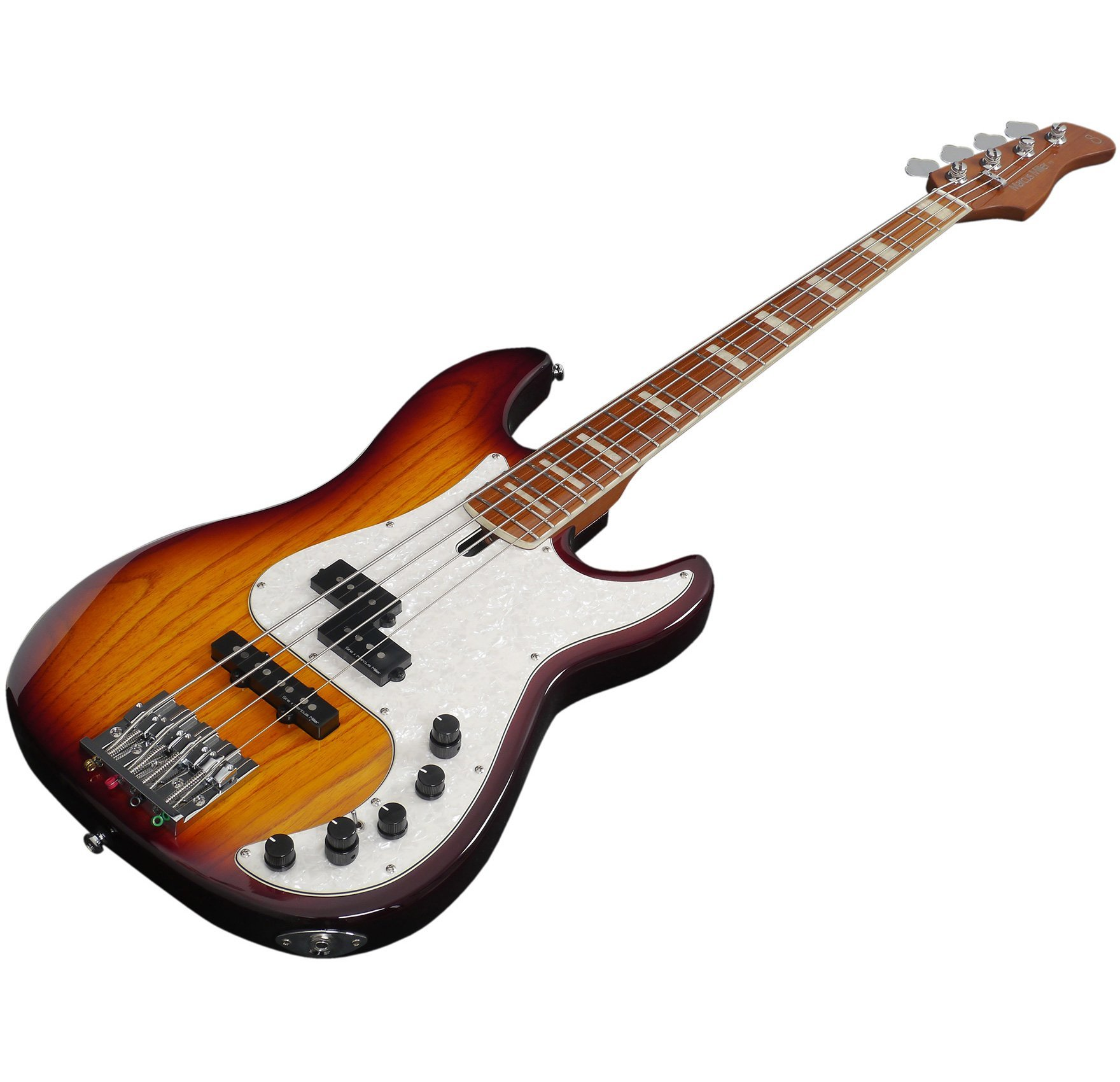 Beyaz pena korumalı, gümüş donanımlı, güneş ışığı renkli bas gitar.