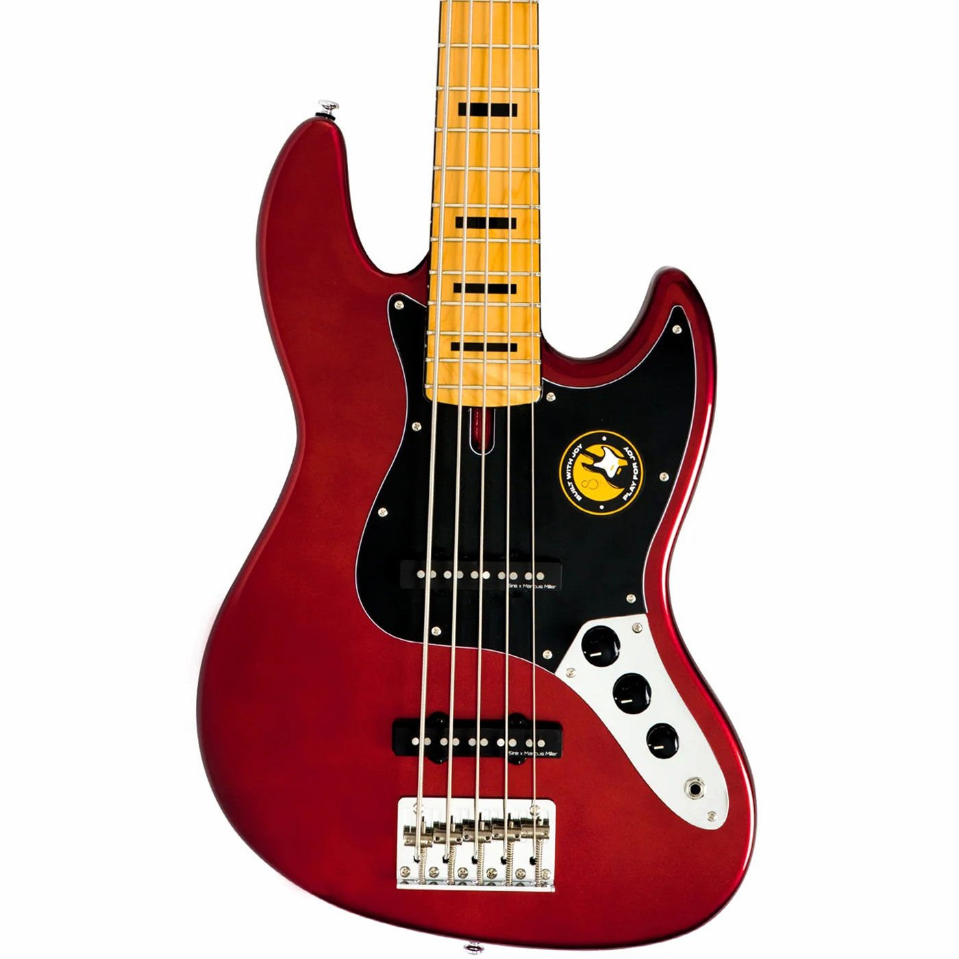 Siyah pena korumalı kırmızı beş telli elektro bas gitar.