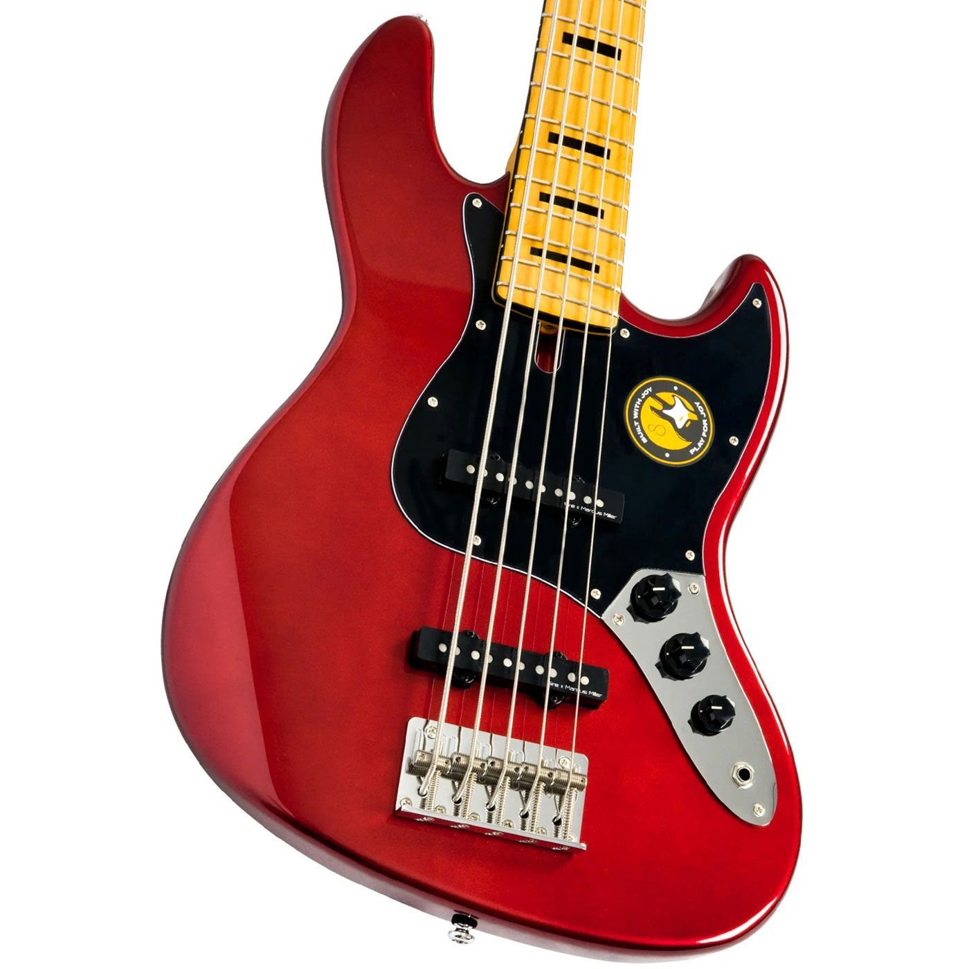 Siyah pena korumalı, sarı klavyeli kırmızı elektro bas gitar.
