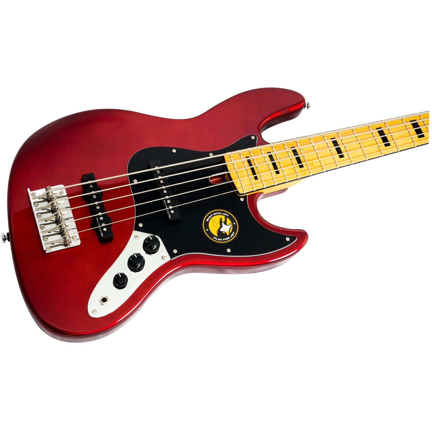 Sarı klavyeli ve siyah manyetikli kırmızı bas gitar.