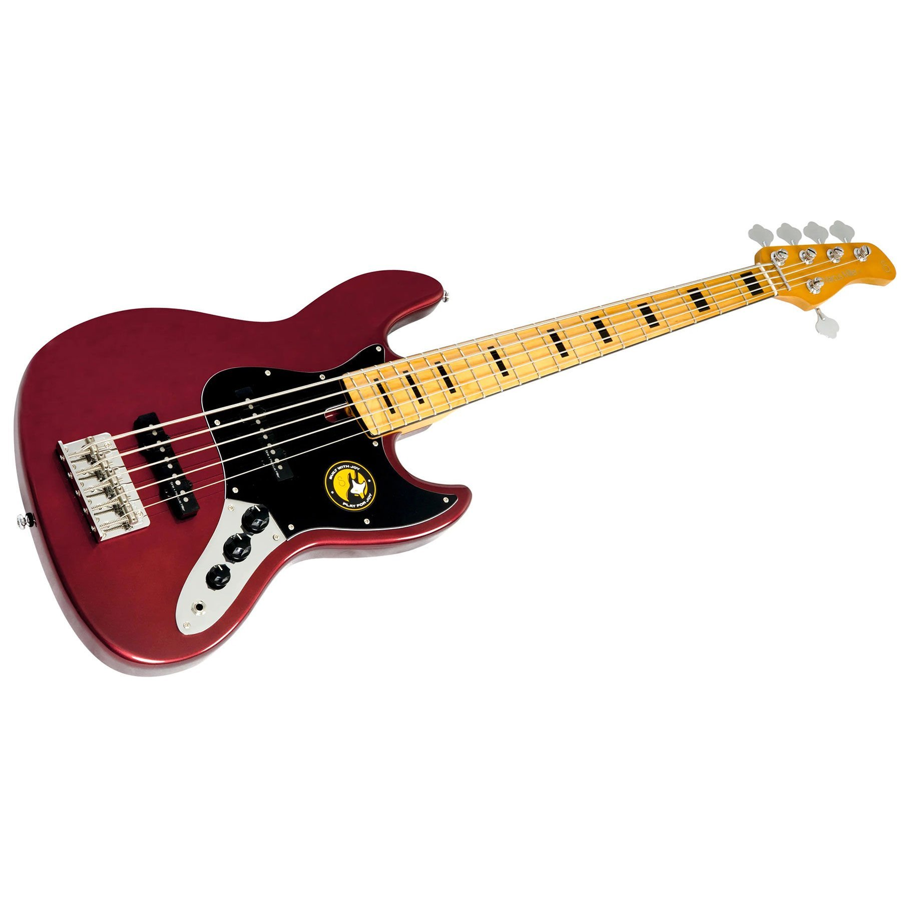 Açık renkli klavyeli ve altı telli kırmızı elektro bas gitar.