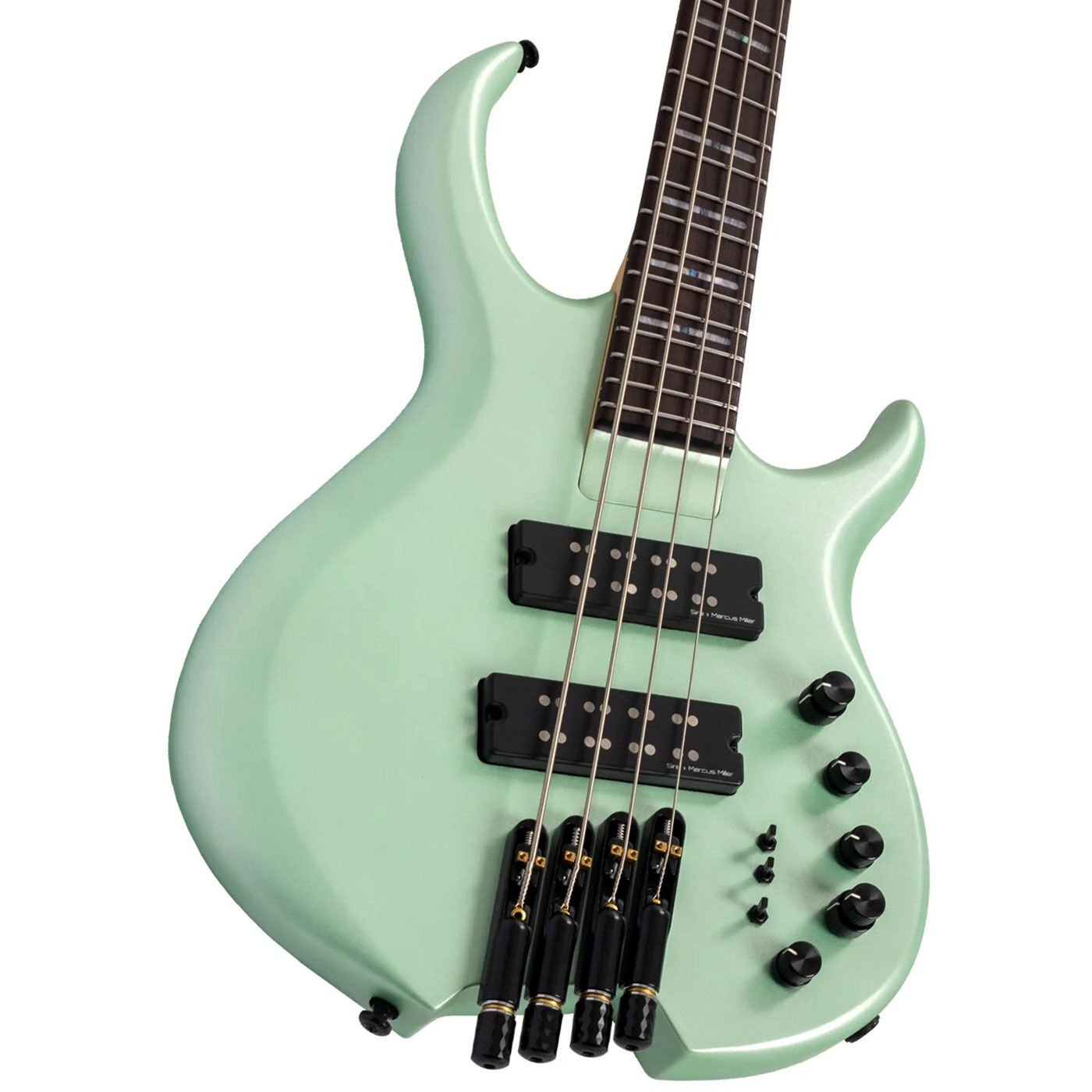 Siyah manyetikli ve düğmeli açık yeşil, dört telli bas gitar.