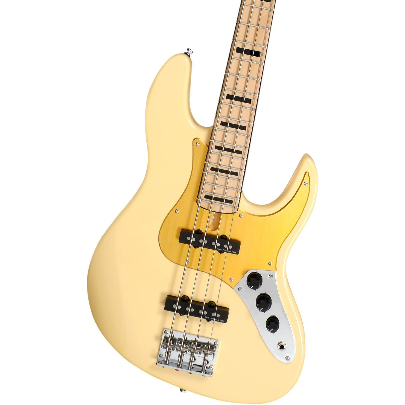Altın pickguard ve gümüş köprülü krem rengi bas gitar.