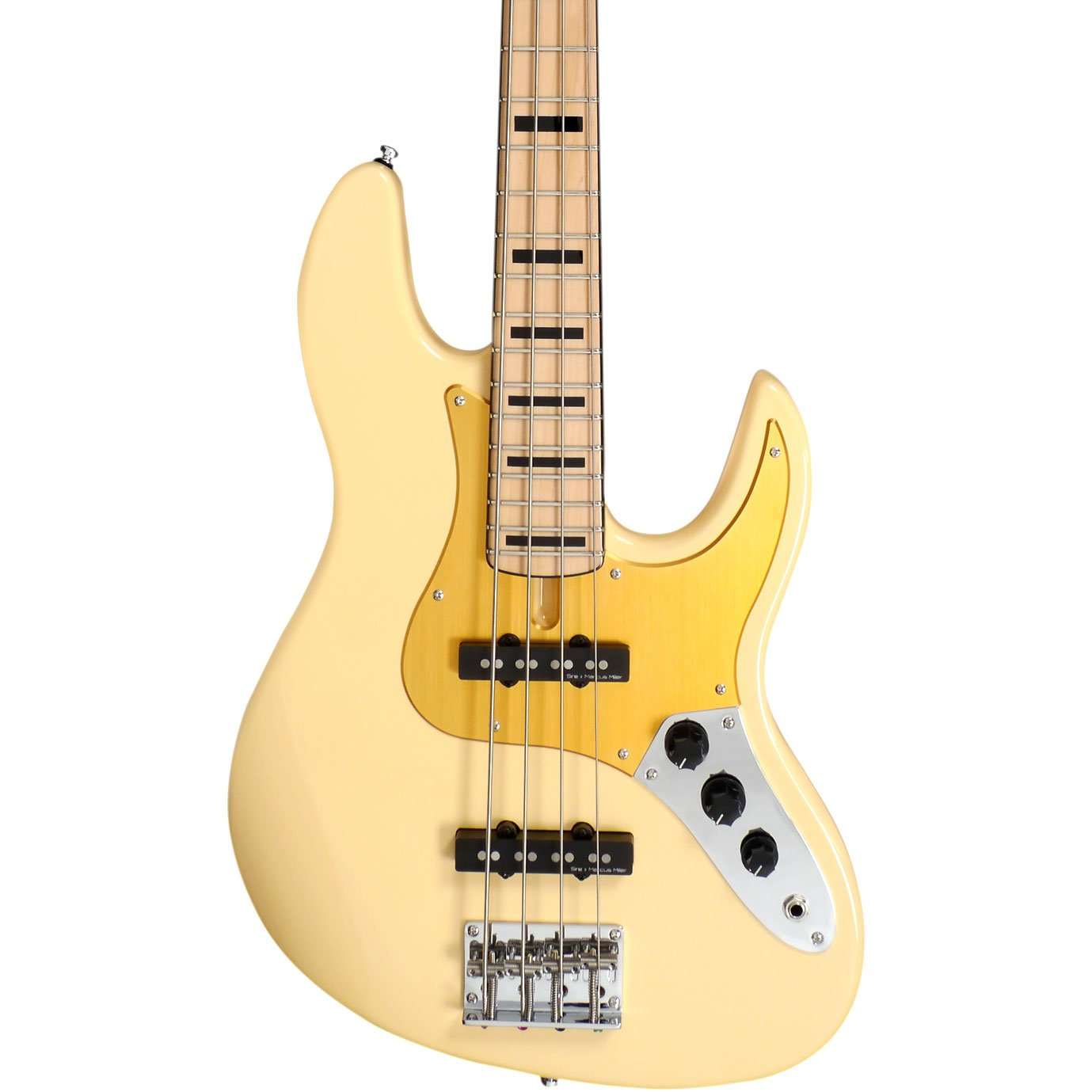 Altın rengi pena ve gümüş donanıma sahip krem rengi elektro bas gitar.