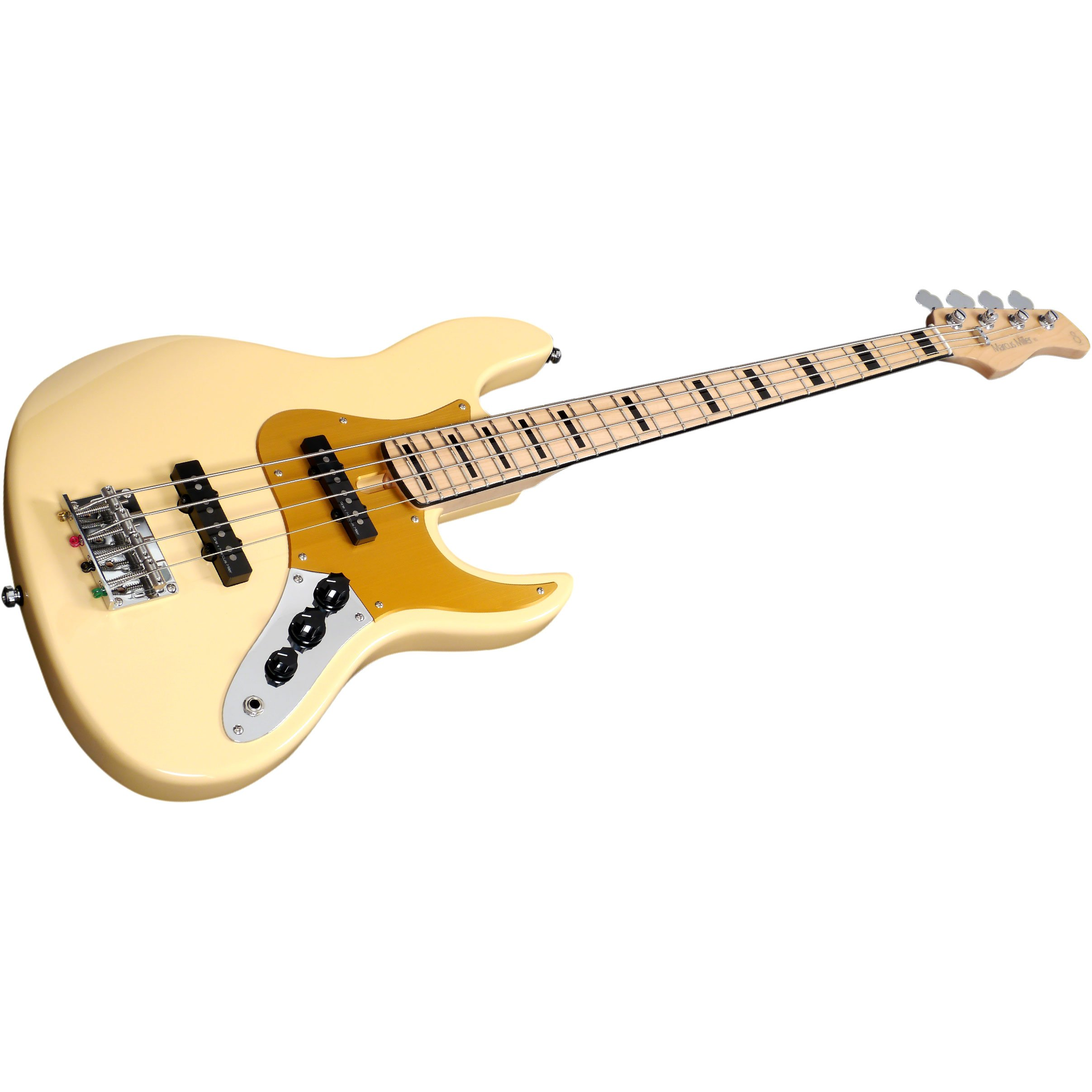 Altın rengi pena ve gümüş donanıma sahip krem rengi elektro bas gitar.