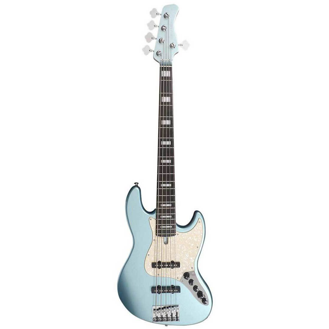 Sedef pena korumalı, gümüş donanımlı açık mavi 5 telli bas gitar.