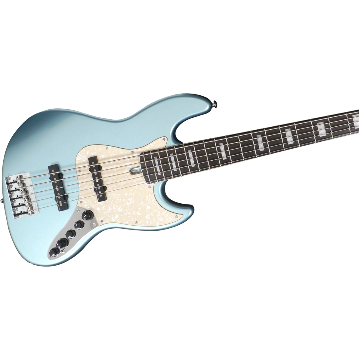 Sedef pena korumalı, siyah manyetikli açık mavi elektro bas gitar.