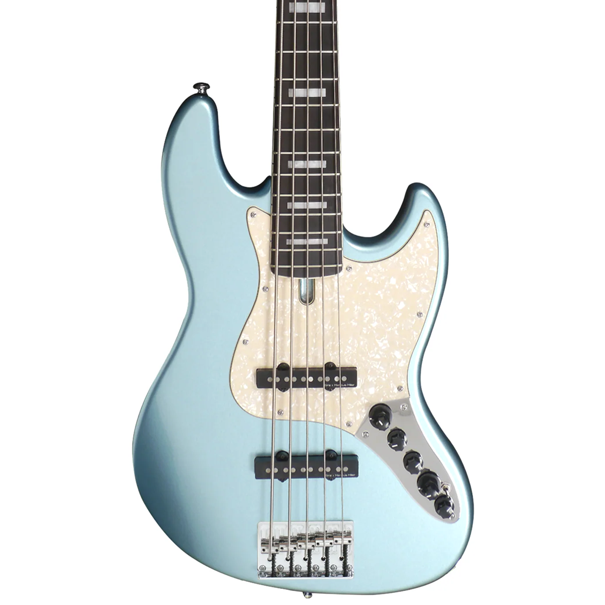 Dört telli, sedef kaplamalı, açık mavi elektro bas gitar.