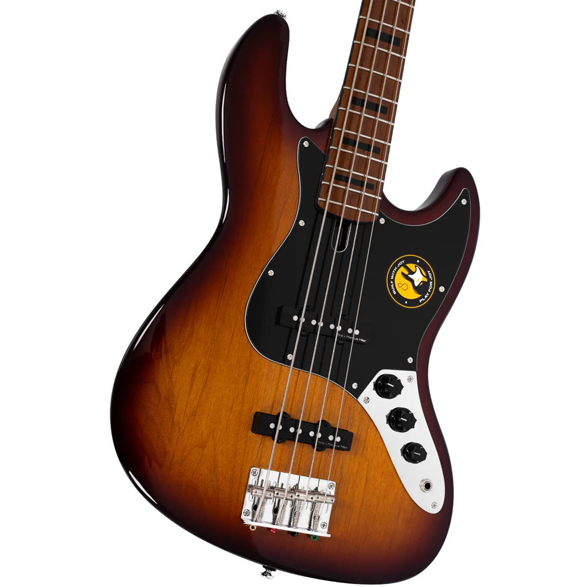 Siyah pena ve krom donanıma sahip, güneş patlaması bitişli elektro bas gitar.