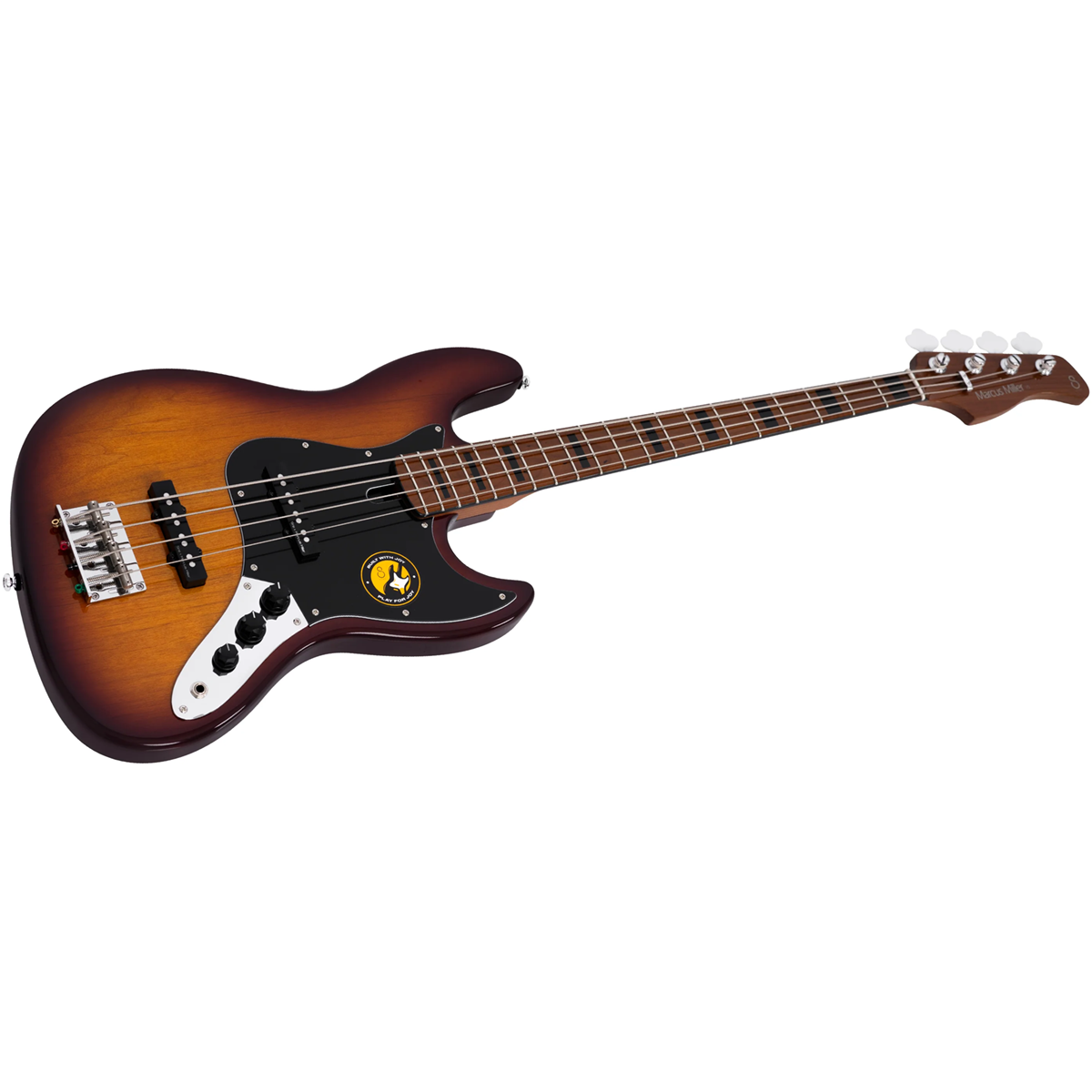 Beyaz arka plan üzerinde kahverengi gövdeli, açık renkli saplı bas gitar.