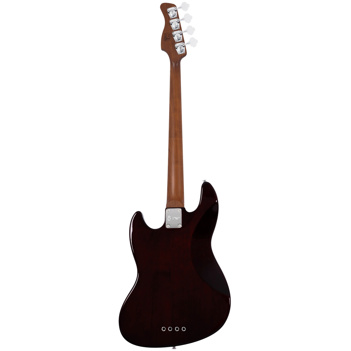 Arkadan gorunen koyu kahverengi elektro bas gitar, gumus burgular ve dort gumus dugme.