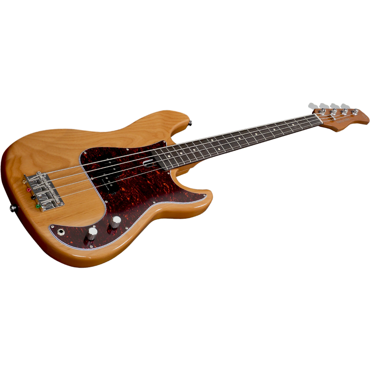 Kaplumbağa kabuğu renginde pena ve dört telli ahşap bas gitar gövdesi.