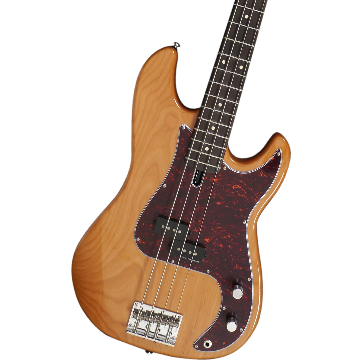 Kaplumbağa kabuğu pena ve krom donanıma sahip kahverengi bas gitar.