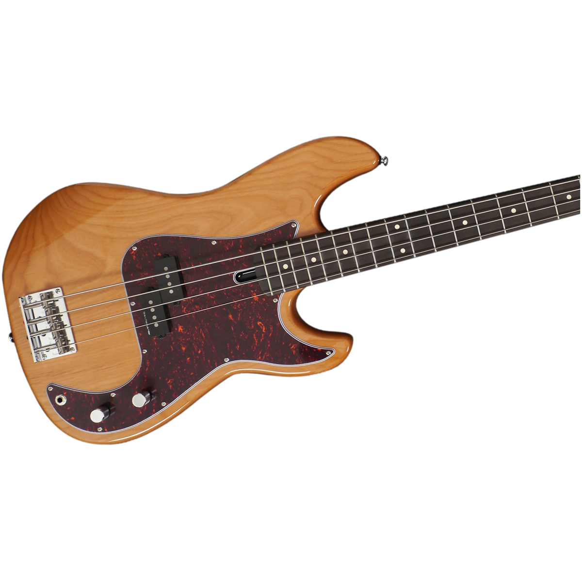 Kaplumbağa kabuğu pena ve gümüş donanıma sahip kahverengi bas gitar.