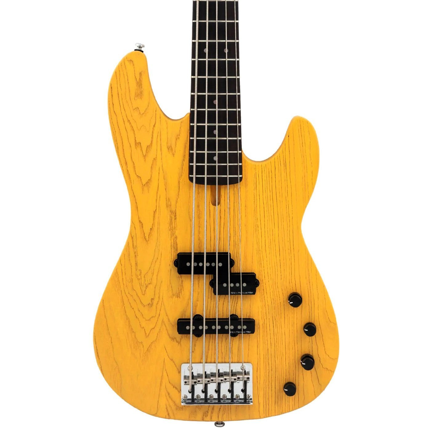 Dört telli, siyah manyetikli ve siyah klavyeli sarı bas gitar.