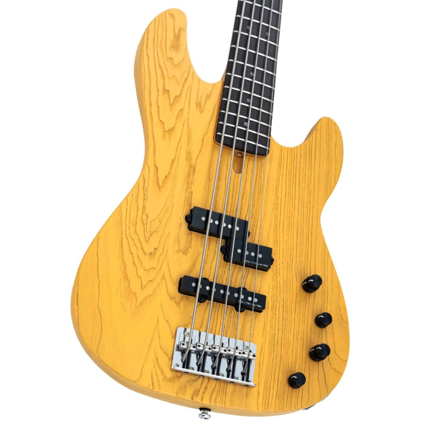 Siyah klavyeli ve siyah manyetikli ahşap 4 telli bas gitar.