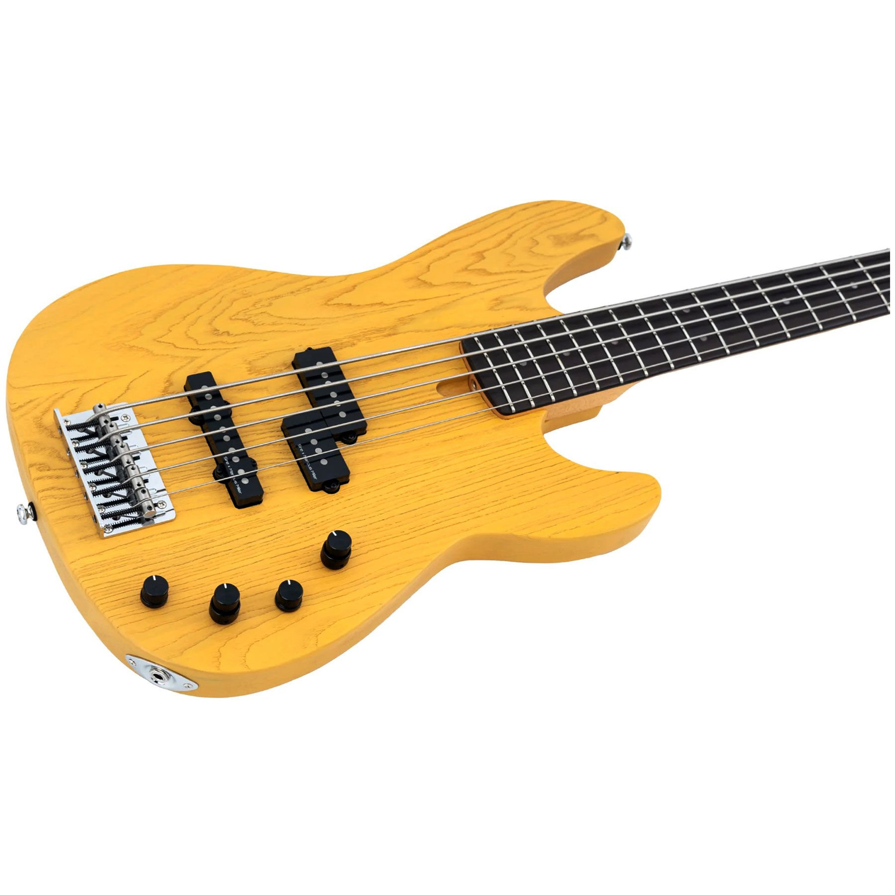 Siyah manyetikli ve düğmeli sarı bas gitar. Beyaz teller.