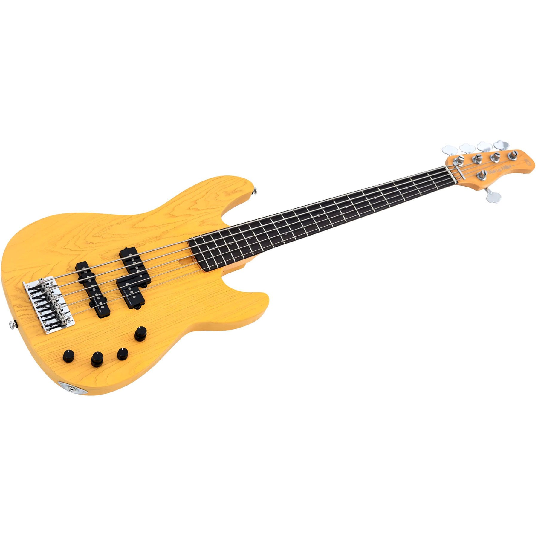 Beyaz zeminde yatan sarı bas gitar. Telleri, manyetikleri ve düğmeleri gösterir.