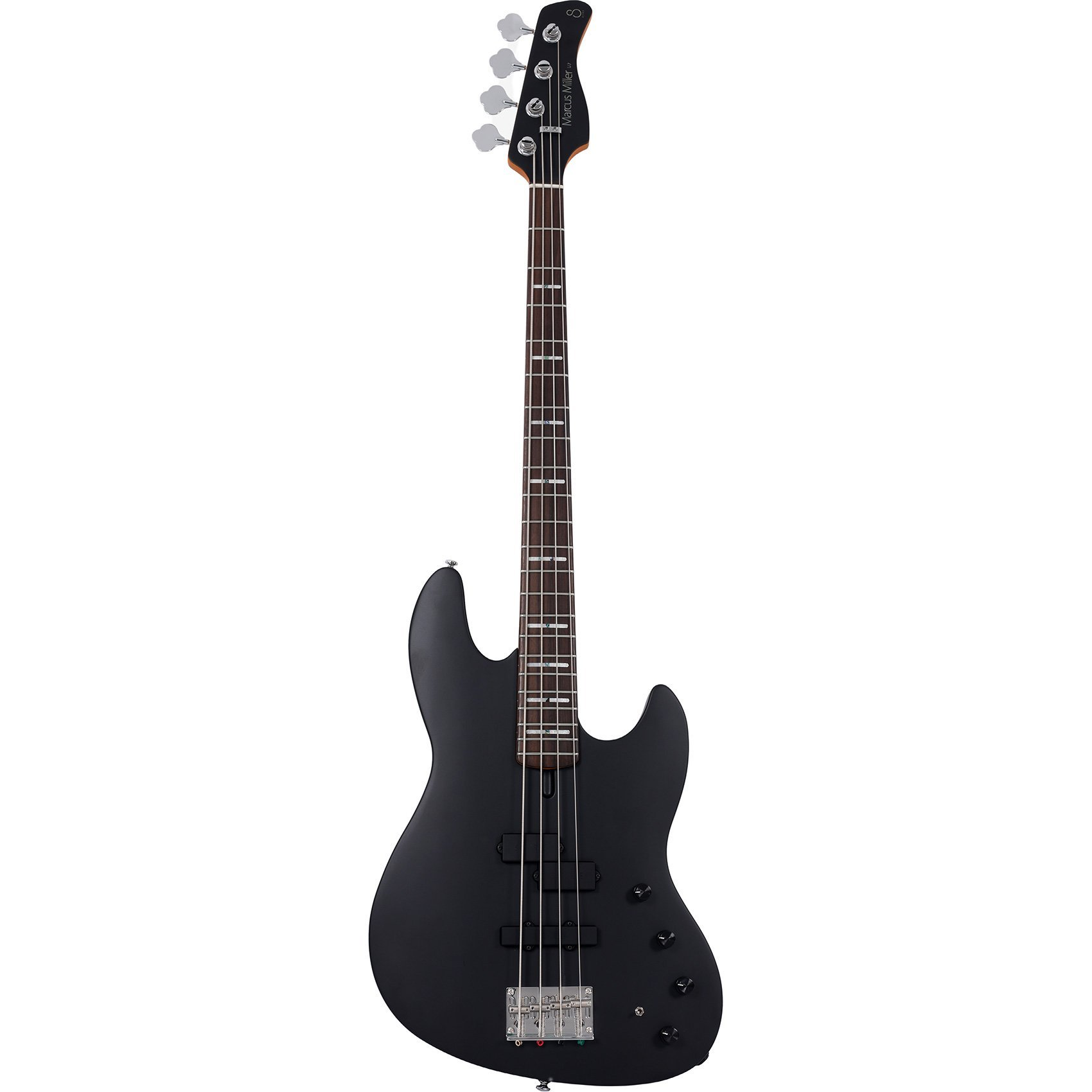 Gümüş köprülü, dört akort burgulu siyah elektro bas gitar.