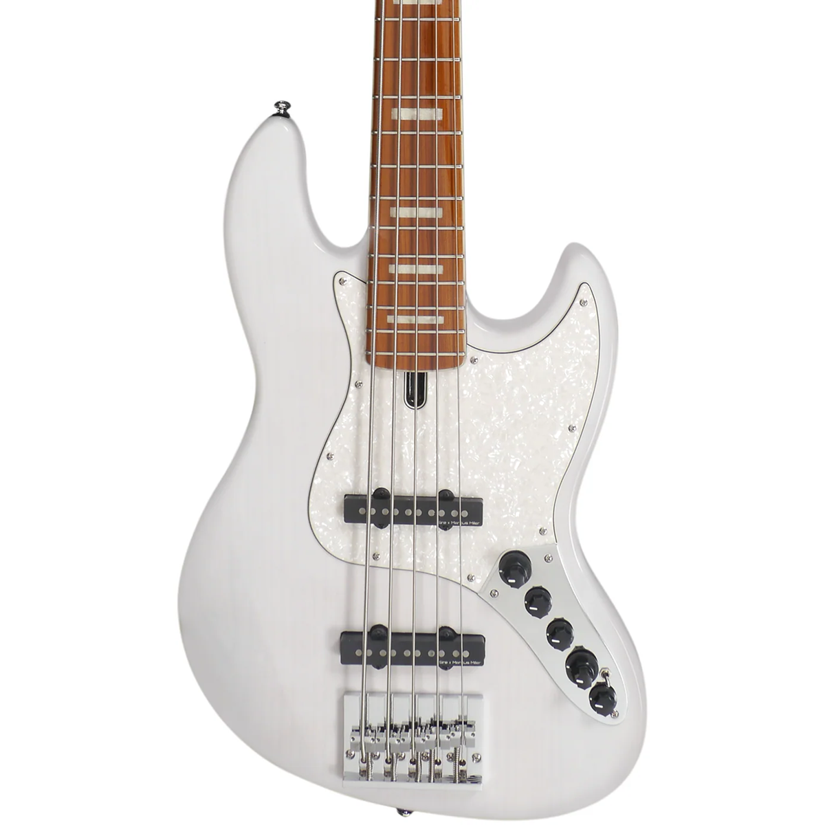 Gül ağacı klavyeli, sedef pena korumalı beyaz elektro bas gitar.