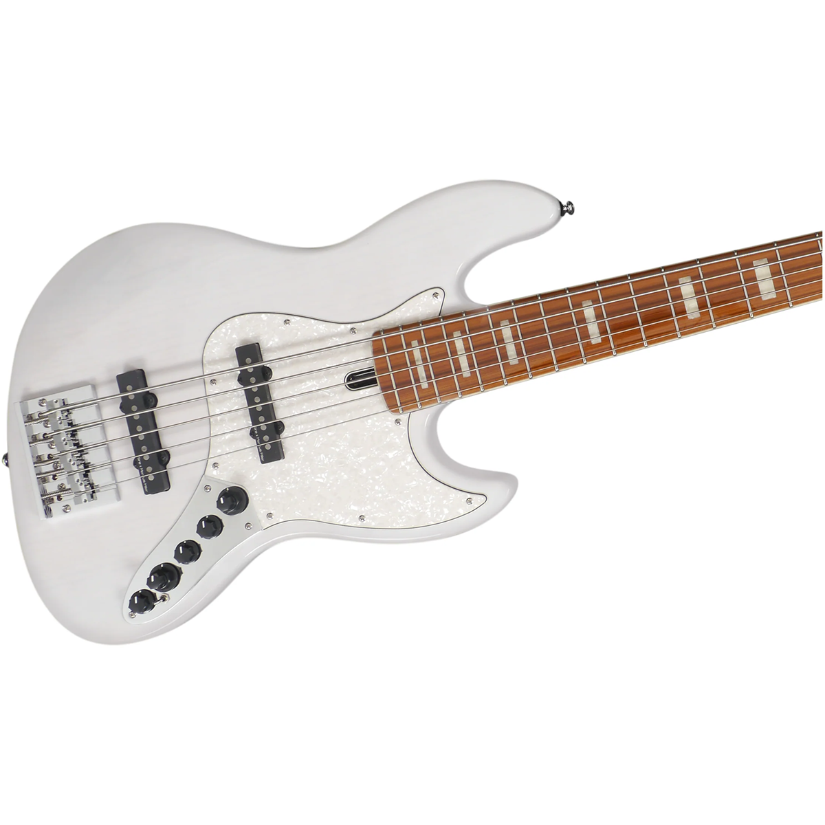 Kahverengi klavyeli ve sedefli pena korumalı beyaz 5 telli bas gitar.