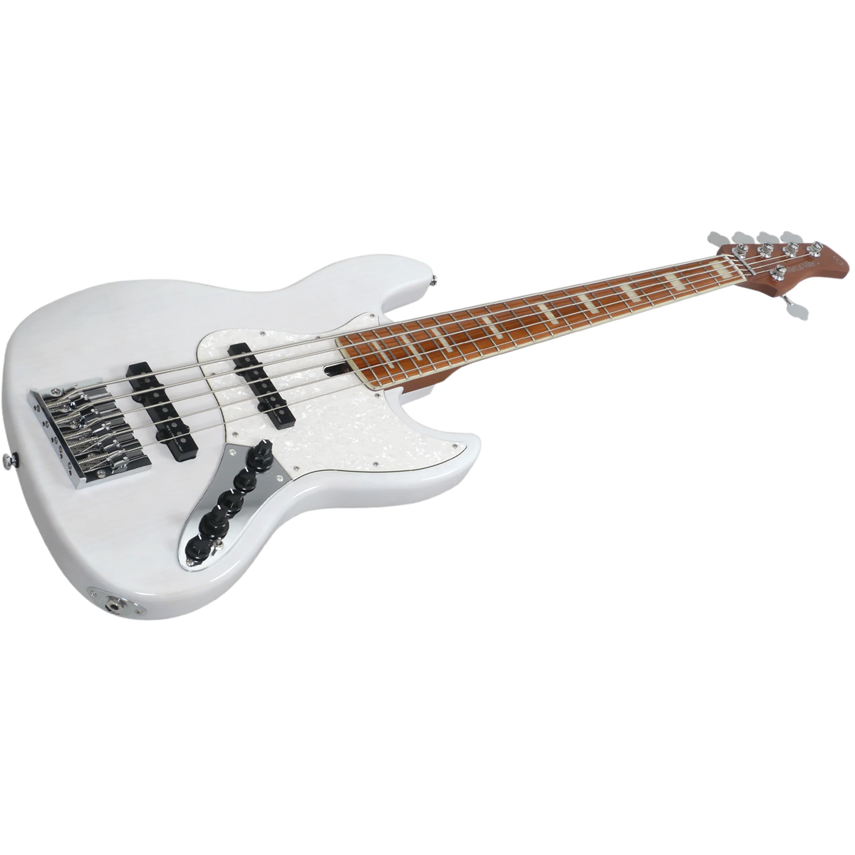 Kahverengi klavyeli ve sedefli pena korumalı beyaz 5 telli bas gitar.