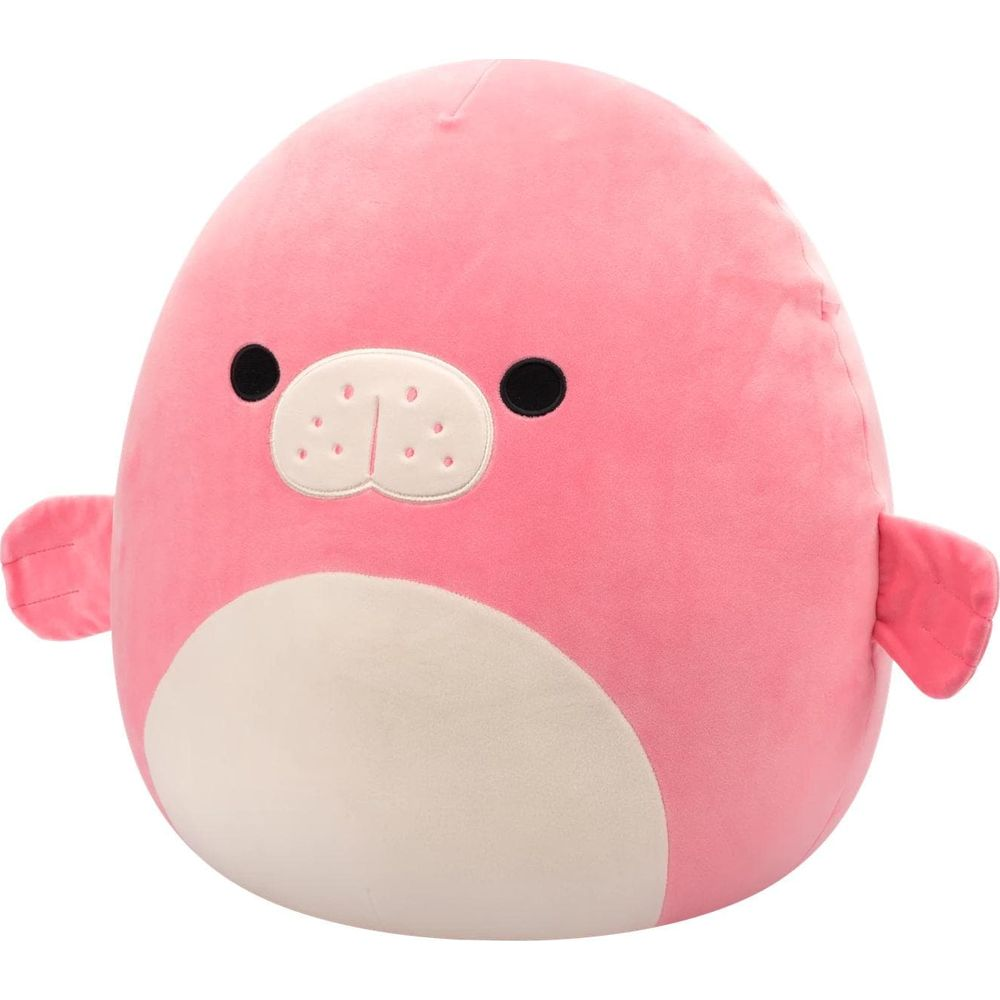 Une peluche phoque rose avec des yeux noirs et un museau beige à pois.